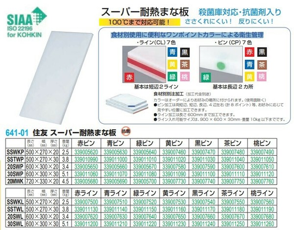 住ベテクノプラスチック（SUMIBE TECHNO PLASTICS） 【別途送料】 住友 スーパー耐熱まな板 ピン打ち/ライン入り【業務用まな板・HACCP対応・抗菌・耐熱】SSWKL桃ライン thumbnail 2