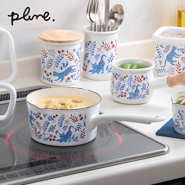 plune.(プルーン) ホーローミルクパン15cm「ねこねこ」 片手鍋 ソースパン 味噌汁 離乳食 ガス火・IH対応