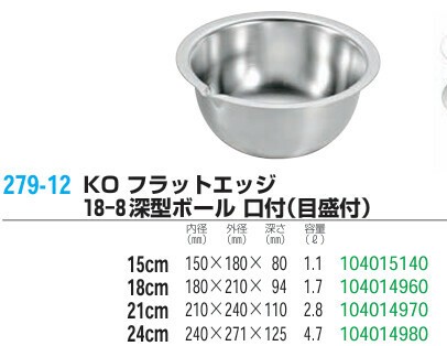 仔犬印（KOINU） フラットエッジ 深型ボール 口付 18-8ステンレス製 目盛付	24cm thumbnail 5